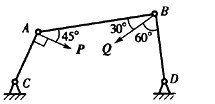 铰接四连杆机构CABD，如图所示，在铰链A、B上分别作用有力户和Q，使机构保持平衡，如不计自重，则A