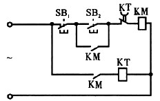 在图所示的控制电路中，SB是按钮，KM是接触器，KT是时间继电器。在按动SB2后的控制作用是（)。A