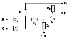 下图所示的分立元件门电路的逻辑功能为 。        