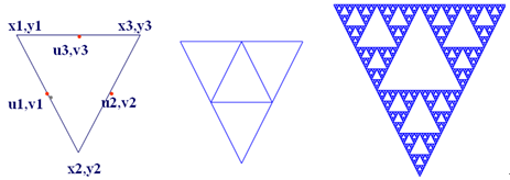 编写递归过程，绘制递归三角形图。从1个大的三角形开始，...编写递归过程，绘制递归三角形图。从1个大