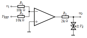 一比较器电路如图所示。VREF＝－1V，VZ＝5V，门限电压值为 。 