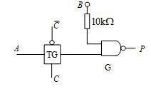 电路如图所示，TG为CMOS传输门，G为TTL与非门，当C=0时，P= ；C=1时，P= ； 