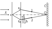 如图所示，用波长为l的单色光照射双缝干涉实验装置，若将一折射率为n、劈尖角为a 的透明劈尖b（足够厚