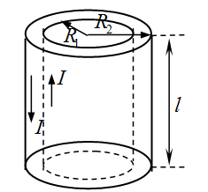 由半径为R1和R2的两个薄圆筒形导体组成的电缆，在两圆筒中间填充磁导率为μ的均匀磁介质。电缆内层导体
