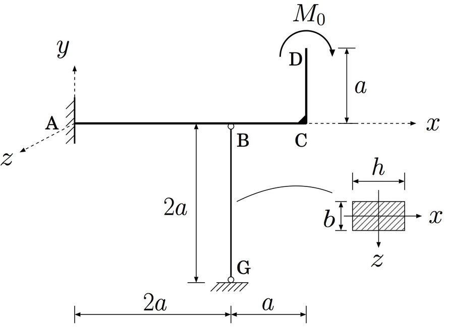 如图所示，L-形状的粱 ACD 在 A 处固支，在 B 处由一两端铰支的杆 BG 支撑。粱 ACD 