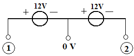 如果把两个12V的电压源串联，设中点电位为0，如下图所示，则①端电位、②端电位、①②之间的电压分别为