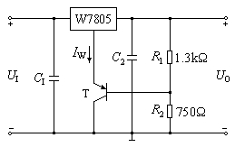 电路如图所示。已知7805的输出电压为5V，，晶体管的，，输入电压，则输出电压约为 V。 