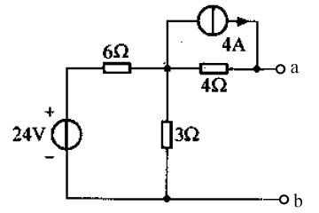 图示有源二端网络的戴维南等效电路为：24V的独立电压源和6欧姆的电阻串联。 