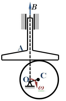 已知偏心轮机构的圆盘半径为R，偏心距        ，偏心轮以匀速度ω转动，试出导板AB的运动方程、