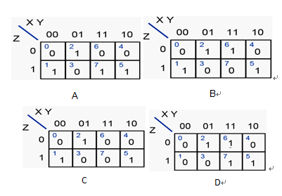 1、函数F=X'YZ+X'Y'Z+XZ，其正确的卡诺图为（）。