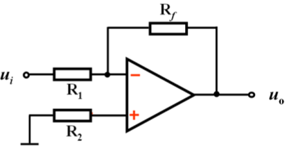 电路如图所示， R1 = 10kΩ，R2 = 10kΩ ， Rf = 200kΩ，则该反相放大器的输