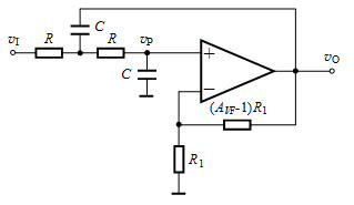 电路如图示。已知= 500HZ，电容C取1微法，则电路的巴特沃斯低通滤波器参数：R»________