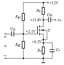 如果已测得放大电路中MOSFET三个电极的对地电压如图中所示，且已知该MOSFET开启电压的绝对值为