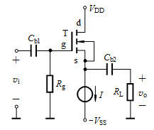 源极跟随器电路如图所示，场效应管参数为Kn＝1，VTN＝1.2/V，l=0。电路参数为VDD＝VSS
