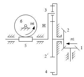 如图所示的轮系中，已知各轮齿数分别为z1=15，z2=30，z2′=40，z3=20。则1齿轮和系杆