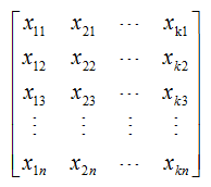多元线性回归模型中常数b0及偏回归系数bi的求解公式为，其中矩阵X表示（）。