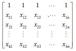 多元线性回归模型中常数b0及偏回归系数bi的求解公式为，其中矩阵X表示（）。