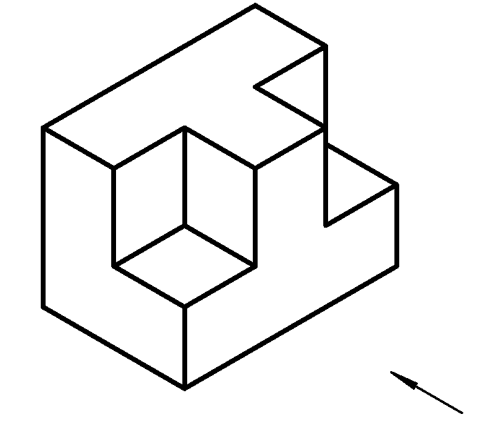 下面立体图所示物体，其正确的三面投影图是（）。 A、B、C、D、（空白）
