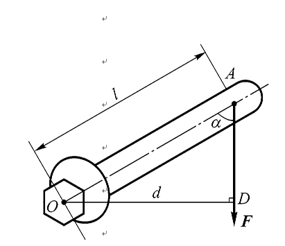 如图所示，作用于扳手上的力F = 200 N，l = 0.40 m，a = 60&ordm;，则力对点O之矩为