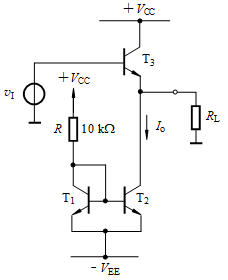 电路如图所示，设β ＞＞ 1，T1与T2完全对称，VCC= VEE=5V，VBE=0.6V。则电流I