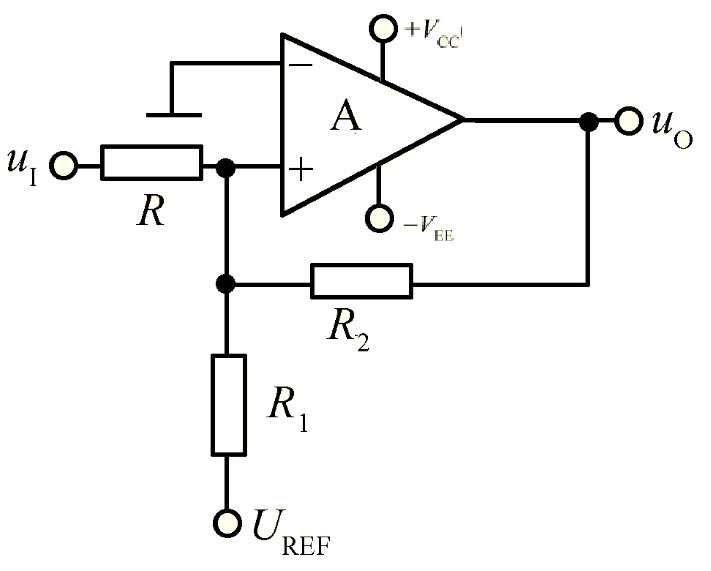 电路如图所示，试推导出该电路的阈值电压和回差的表达式，画出其传输特性曲线。