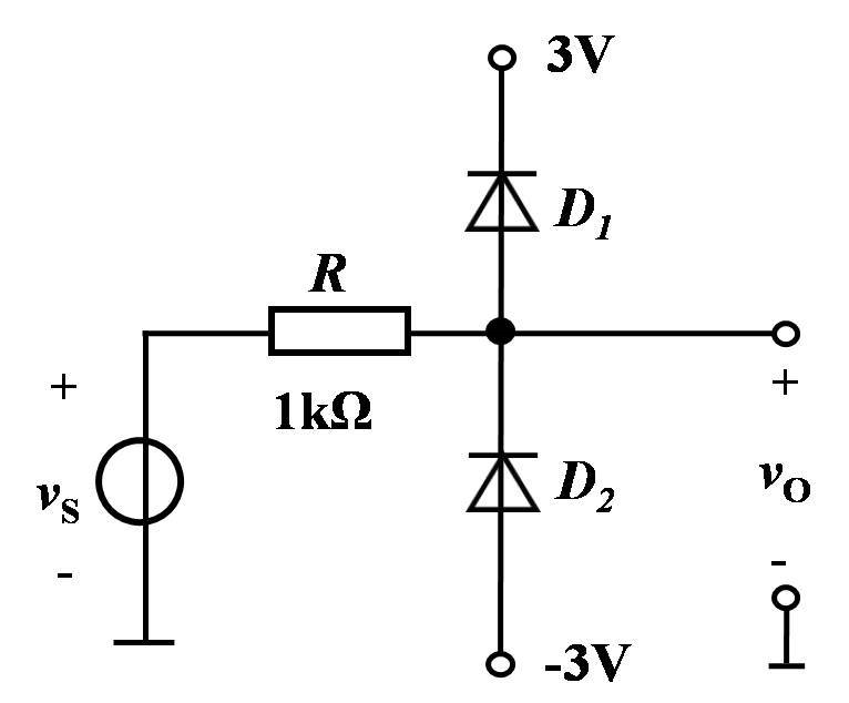 电路如图所示，D1，D2为硅二极管，当vs=6sinωt V时，使用恒压降模型分析电路，绘出输出电压