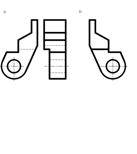 根据图 1)中物体的主、左视图，在图 2)中画出同一物体的俯视图。 