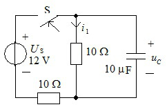 在图示电路中，开关 S 在 t = 0 瞬间闭合，若 uC （0-) = 0V，则 i1（0+) 为