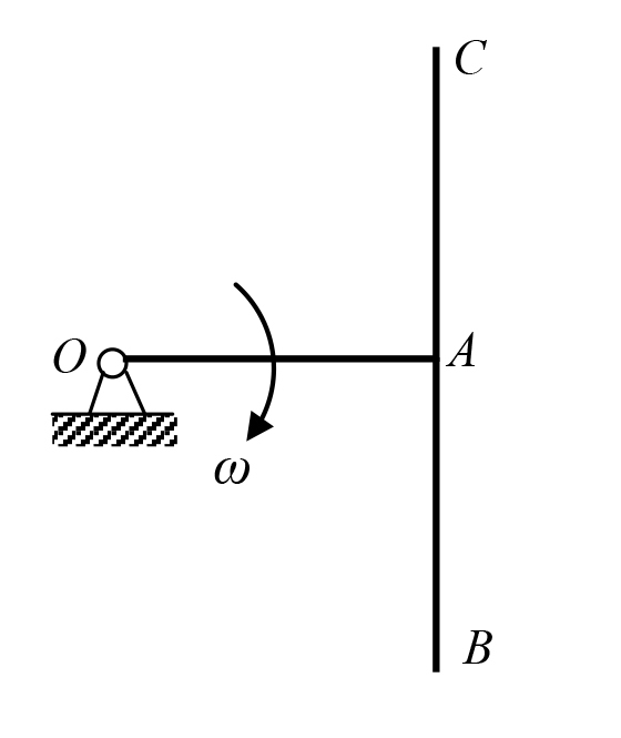 三根质量m、长度l的均质杆焊接成一个直角T型杆。已知图示时刻角速度为ω；OA位置水平。该系统的动量及