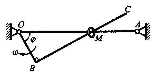 图示直角曲杆OBC饶O轴转动，使套在其上的小环M沿固定直杆OA滑动。行复合运动分析，应取______