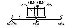 试求图示梁在两台吊车荷载（轮压均为Fp=82kN）作用下，支座B的最大反力和截面D的最大弯矩。 