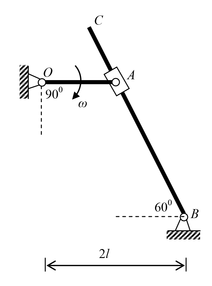 曲柄OA长l，以匀角速ω转动。图示瞬时摇杆BC的角加速度为 。 