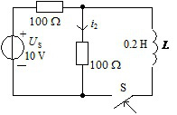 在图示电路中，开关 S 在 t = 0 瞬间闭合，则i2 （0+) = （)。 