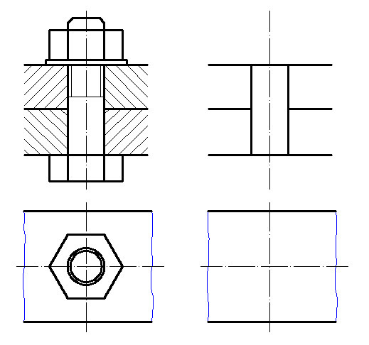 分析左图中螺栓连接画法的错误，并在右边作出正确的图形。 