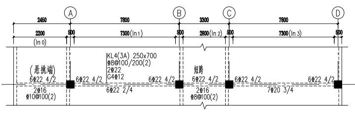 如圖所示KL4中，梁支座B上部縱筋為（）。 