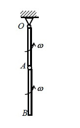 图示两均质细杆OA与AB铰接于A，在图示位置时， OA杆绕固定轴O转动的角速度为w，AB杆的角速度亦