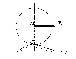 图示半径为2m的车轮沿曲面作纯滚动。已知轮心O在某一瞬时的速度为5m/s，方向如图，则该瞬时车轮的角