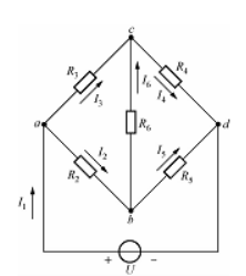 如图所示，表示一电桥电路，已知I1=50mA，I3=25mA，I6=12mA，求其余各电阻中的电流。