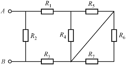 求图示电路的等效电阻RAB。已知R1=R3=2.5Ω，R4=R5=10Ω，R6=R7=5Ω，R2=1