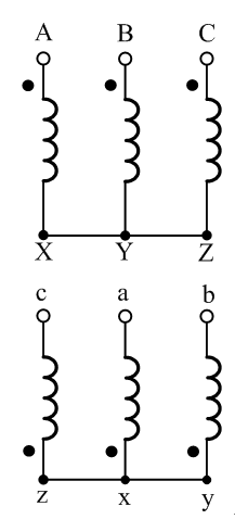 某三相变压器按下图方式连接，其联接组别为（）。 