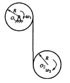 图示两均质轮的质量皆为m，半径皆为R，用不计质量的绳绕在一起，两轮角速度分别为 w1和w2，则系统动