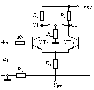 差分放大电路如图所示。当输入信号电压ui时，对差模信号，VT1、VT2的发射极＿＿交流接地点。 
