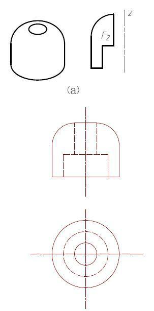 已知回转体的动平面F2及投影图如图(a)所示，下方的主俯视图有哪些错误或不规范之处？ 