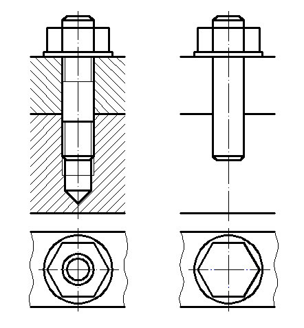 分析左图中螺柱连接画法的错误，并在右边作出正确的图形。 