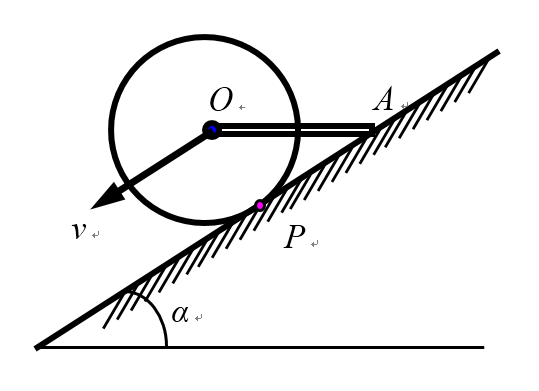 均质圆柱体重为，其中心绞接一重为的均质直杆，放在倾角为的斜面上，轮子只滚不滑，杆的端与斜面间无摩擦，