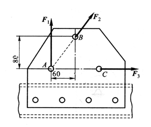 铆接薄板在孔心A、B和C处受三力作用，如图所示。F1=100N，F2=50N，F3=50N，此力系的