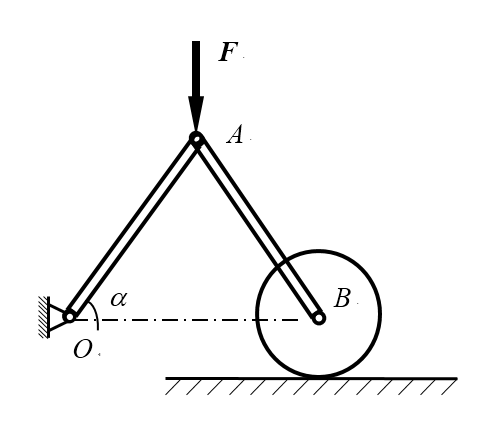在对称连杆的点，作用一铅垂方向的常力，设连杆长均为，质量均为，均质圆盘质量为，且作纯滚动。开始时系统