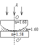 如图所示，平板玻璃和凸透镜构成牛顿环装置，全部浸入n＝1.60的液体中，凸透镜可沿移动，用波长l＝5