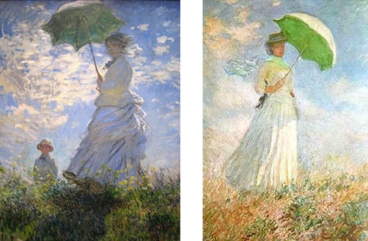 下图均为画家莫奈的作品《撑洋伞的女人》，以下选项中正确的是：（)  1875年 1886年