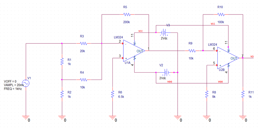 请设计一个多级放大器电路，实现运算： Vo=100Vi1+200Vi2。 已知正弦信号频率为1kHz
